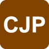 The letters C and J and P written in white on a dark brown background square.