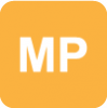 The letters M and P written in white on a yellowish orange background square.